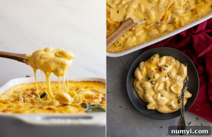 Two pictures: A spoon pulling up a large serving of creamy mac and cheese with melted cheese stretching, and an overhead view of mac and cheese on a white plate, ready to be eaten, emphasizing its gooey texture.
