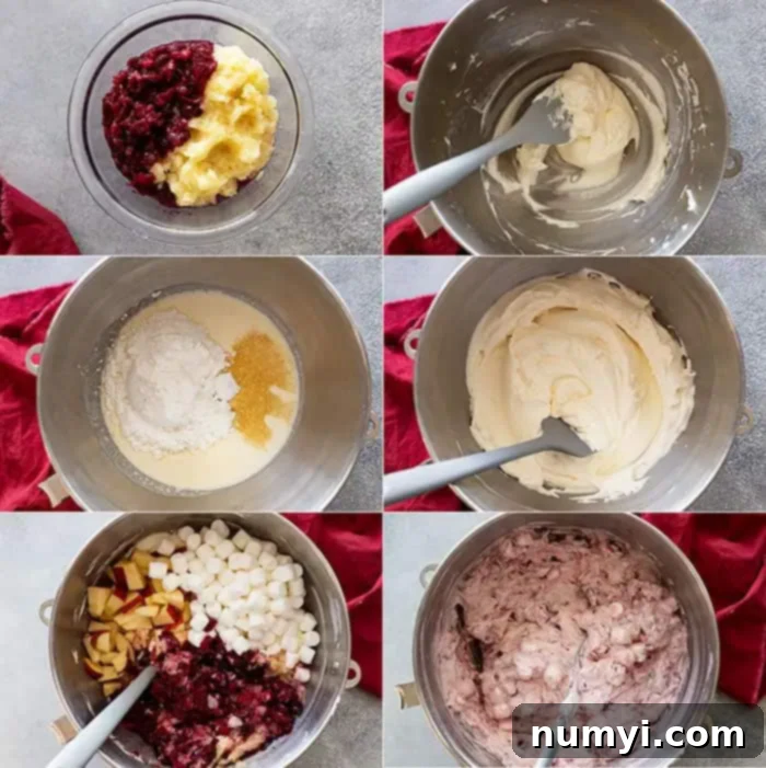 overhead process shot collage: 6 pictures showing the steps to make this recipe for cranberry fluff