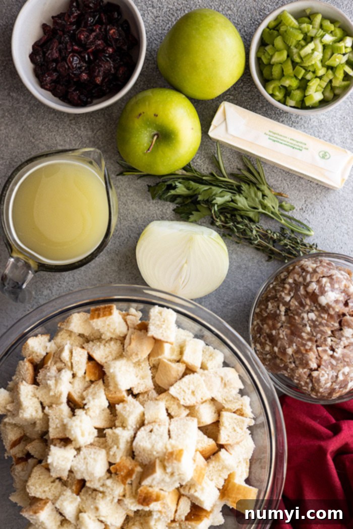 Overhead view of all the ingredients to make this stuffing recipe.