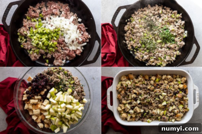 Four pictures showing the steps to make the apple sausage stuffing.