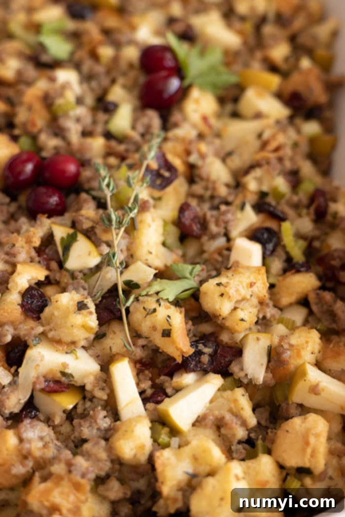 Close up of the apple sausage stuffing fresh from the oven. 