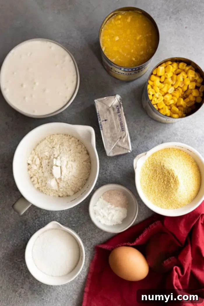 Overhead shot showing all the key ingredients neatly laid out on a dark surface, ready to make the cornbread casserole recipe.
