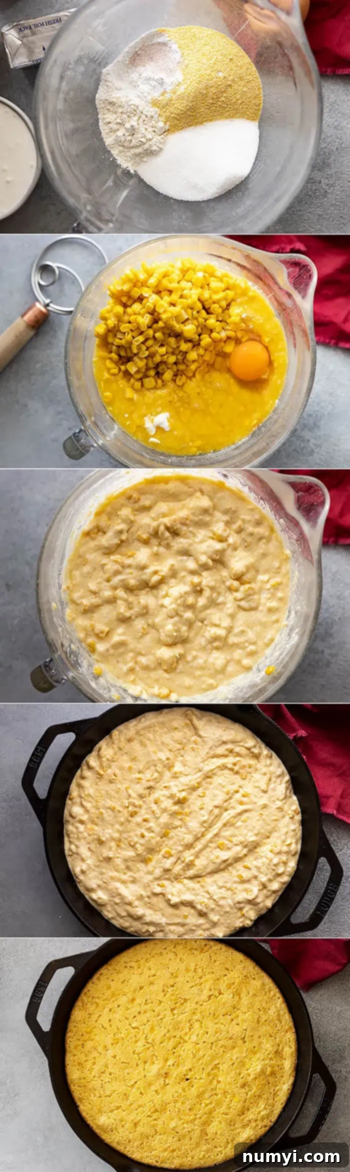 A process shot collage showing five individual pictures of how to make cornbread casserole, from mixing ingredients to pouring into a dish.