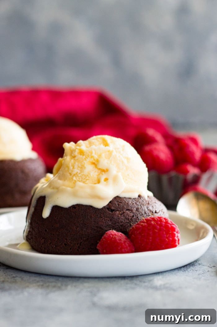 Chocolate Molten Lava Cake topped with ice cream and raspberries. 