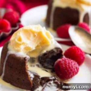 Chocolate Molten Lava Cake topped with soft slightly melting ice cream. The warm chocolate center is flowing onto the plate.
