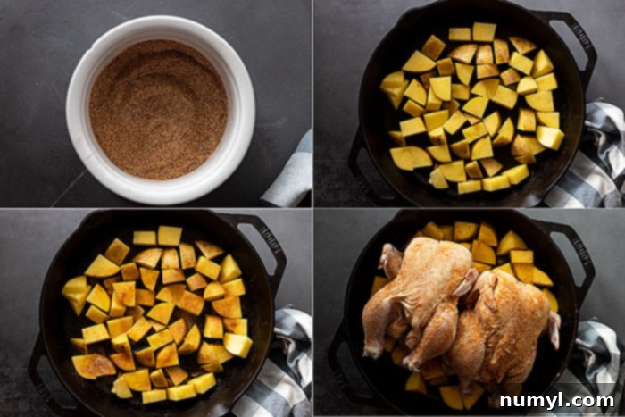A four-panel image showing the step-by-step process of preparing roasted cornish hens: combining spices, tossing potatoes with oil and seasoning, coating hens, and placing them over potatoes in a pan before roasting.