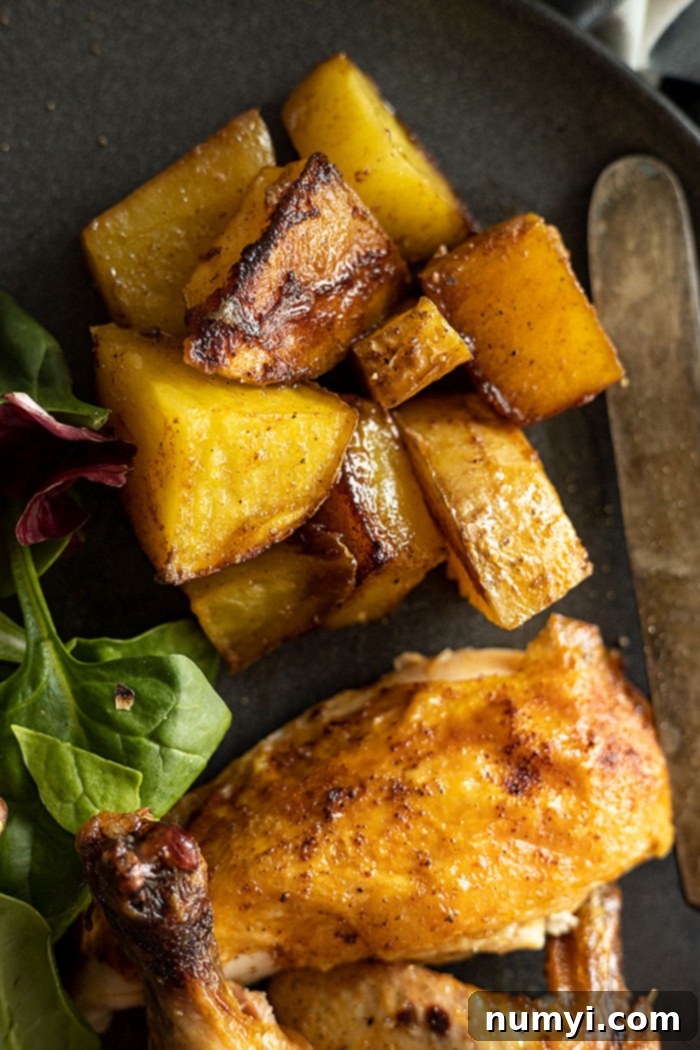 Close-up of a plated roasted cornish hen half, showcasing crispy golden-brown skin and tender meat, served with flavorful roasted potatoes, garnished with fresh herbs.