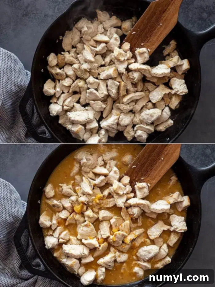 overhead process shot collage: top image shows wooden spoon stirring cubed chicken in a cast iron skillet, bottom image shows the same skillet with sauce added