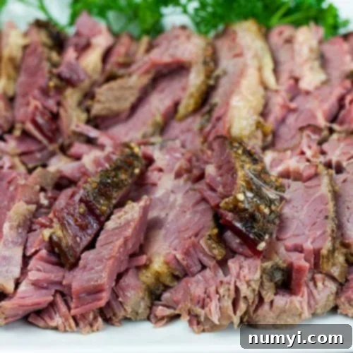 Slow cooker corned beef on a platter garnished with parsley.