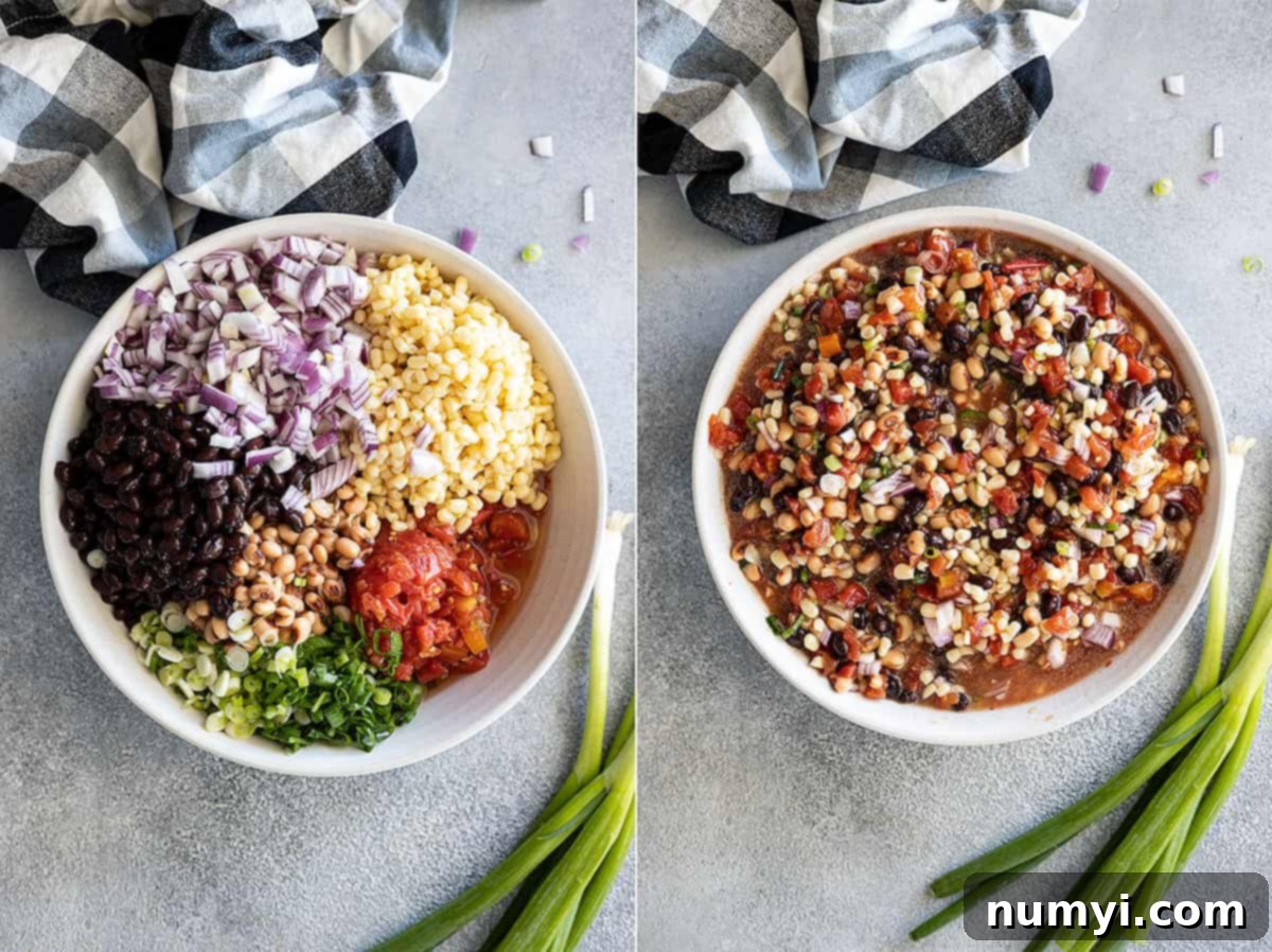Two pictures showing how to mix up the cowboy caviar ingredients in a bowl.