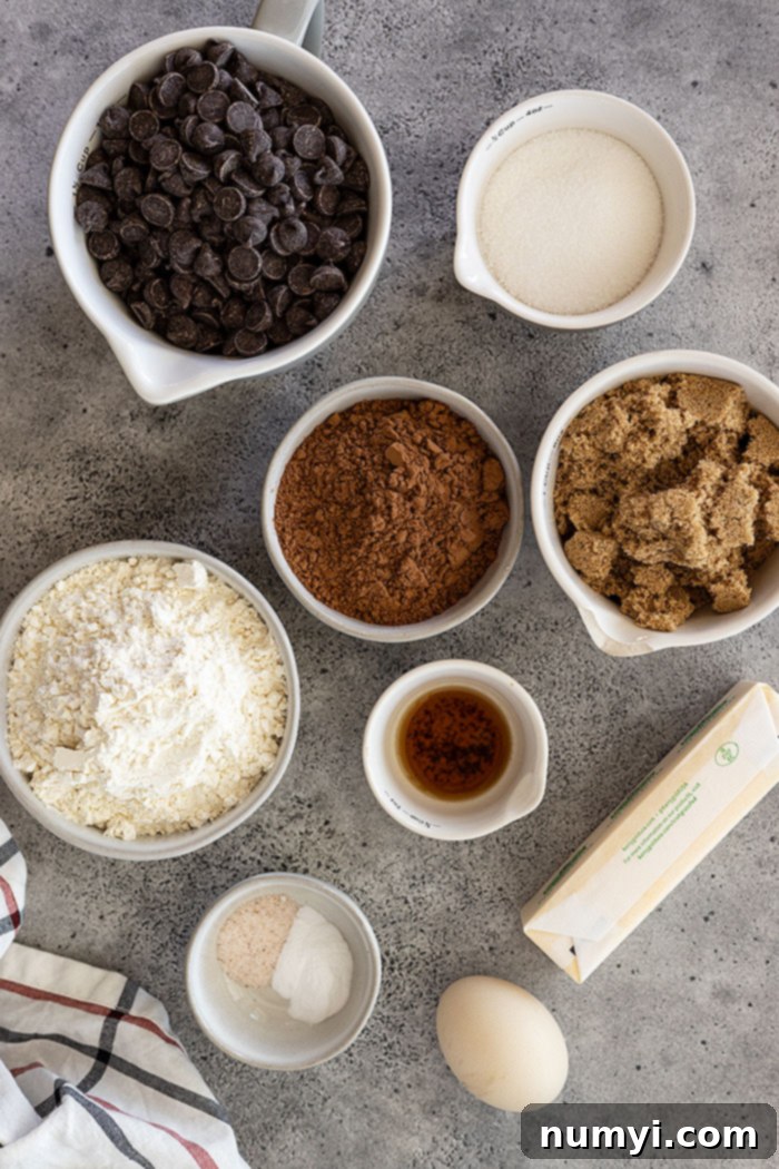 Overhead view of all the simple, high-quality ingredients laid out on a clean surface, ready to be combined to make double chocolate chip cookies.