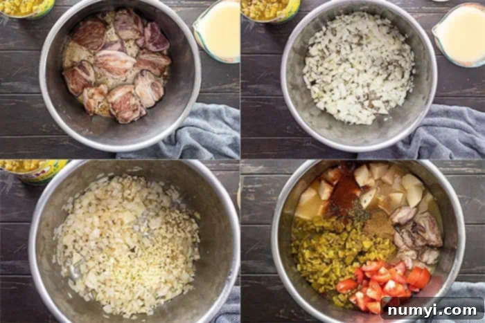 A four-picture collage demonstrating the sequential steps to prepare green chile pork stew, from browning meat to adding vegetables.