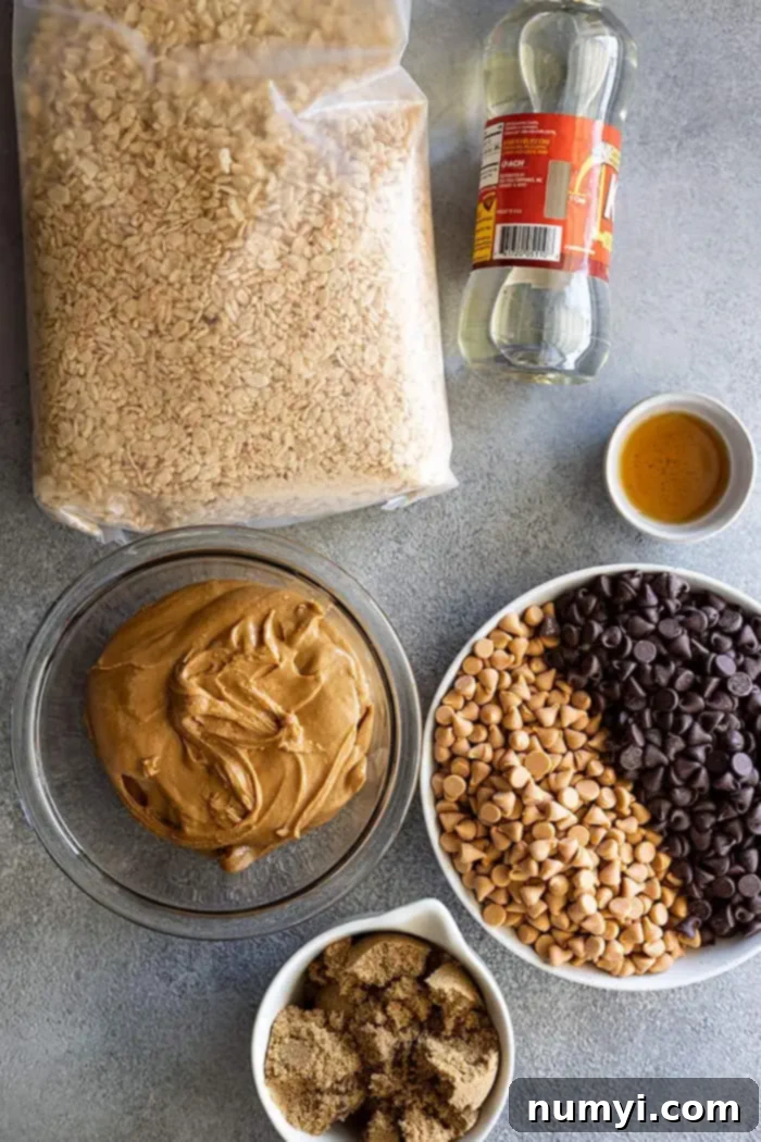 Overhead view of ingredients needed to make these tasty scotcharoos.