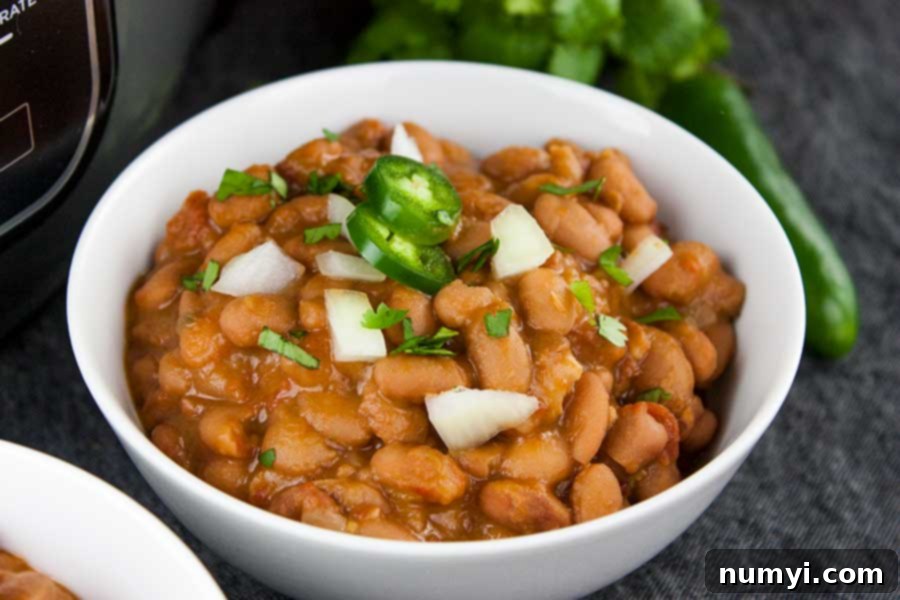A white bowl filled with Ninja Foodi Mexican pinto beans (Charro beans), garnished with fresh jalapeño slices and diced red onion, ready to serve.