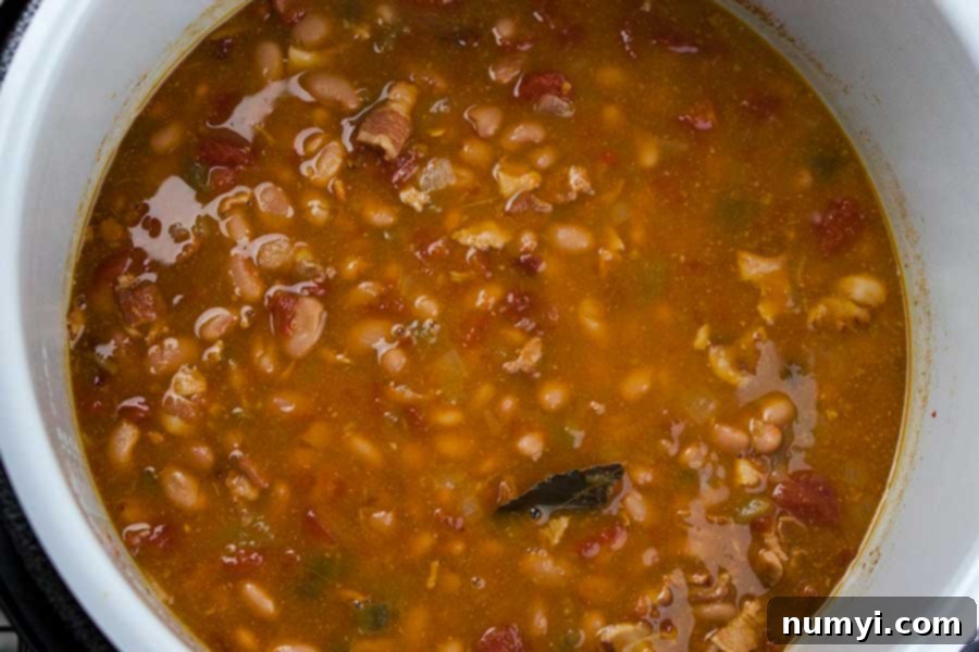 A close-up of Ninja Foodi Mexican Pinto Beans (Charro Beans) after pressure cooking, showing the soupy consistency before thickening.