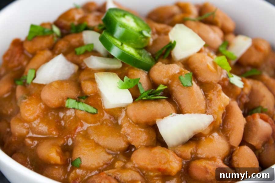 A serving of Ninja Foodi Mexican Pinto Beans (Charro Beans) with a thicker consistency, garnished and ready to be enjoyed.