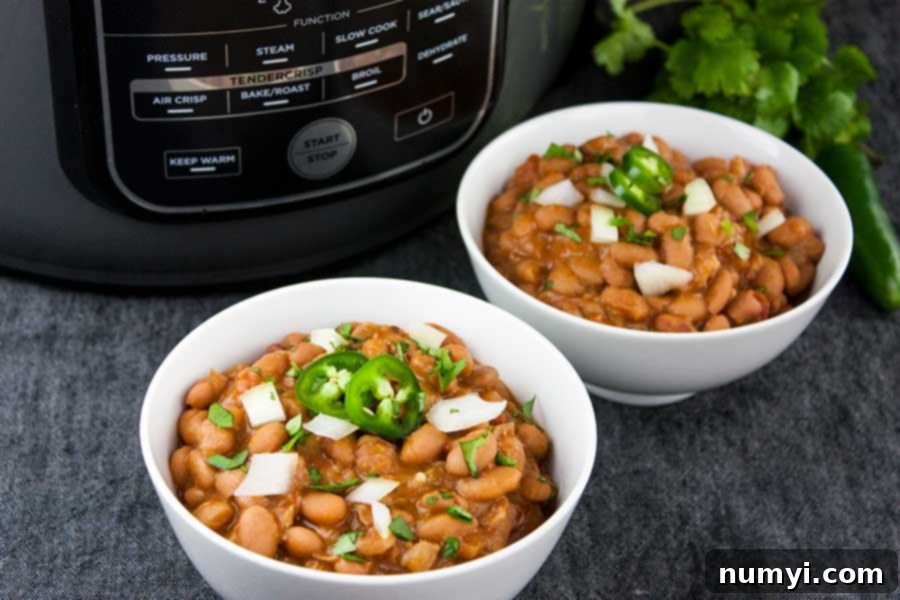 Ninja Foodi Mexican Pinto Beans (Charro Beans) served in a rustic bowl, garnished with cilantro, red onion, and jalapeño slices.