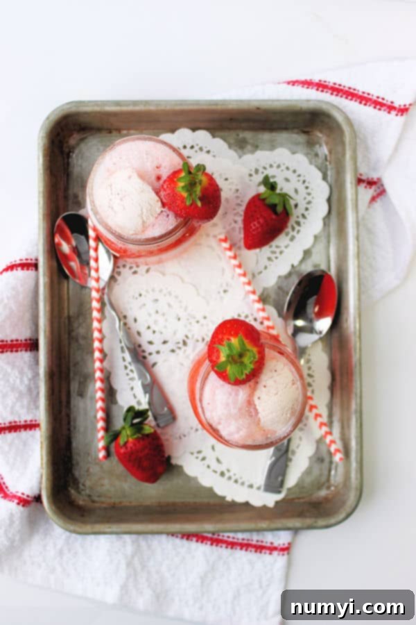Sparkling Strawberry Delight 3 Overhead show of strawberry floats on serving platter.