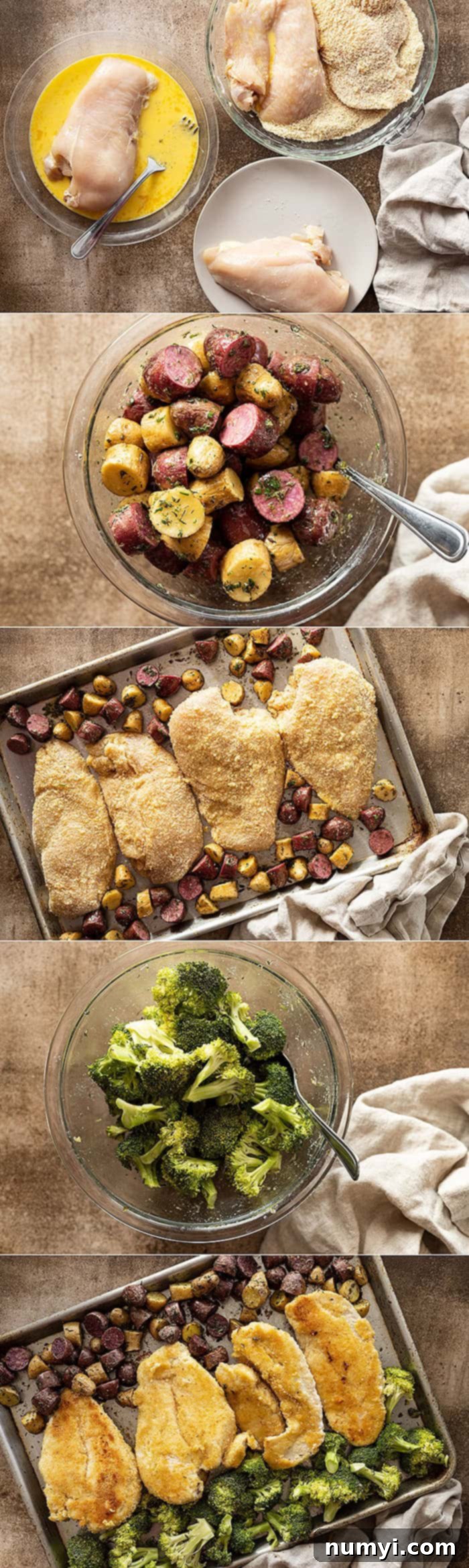 A collage of five process shots demonstrating how to prepare the sheet pan baked parmesan chicken, from breading the chicken to tossing vegetables.