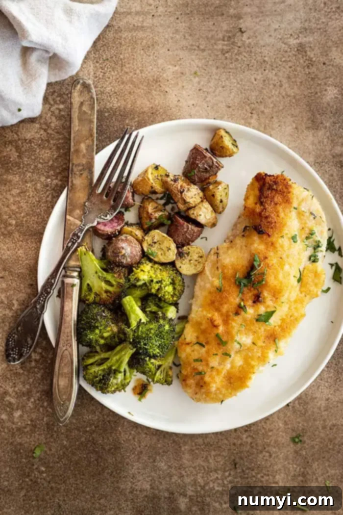 A single serving of sheet pan parmesan chicken, potatoes, and broccoli beautifully plated on a white dish, ready to be enjoyed.