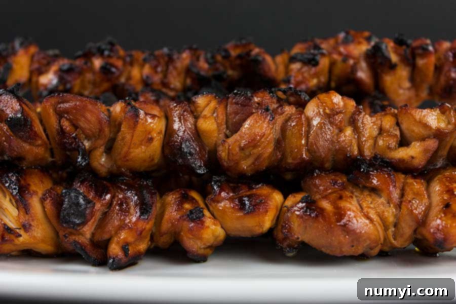 Delicious grilled Filipino chicken kebabs served on a white plate, ready to eat.