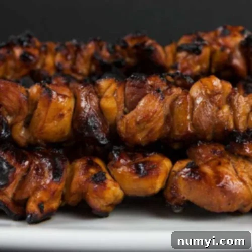 Filipino chicken kebabs on a white plate.