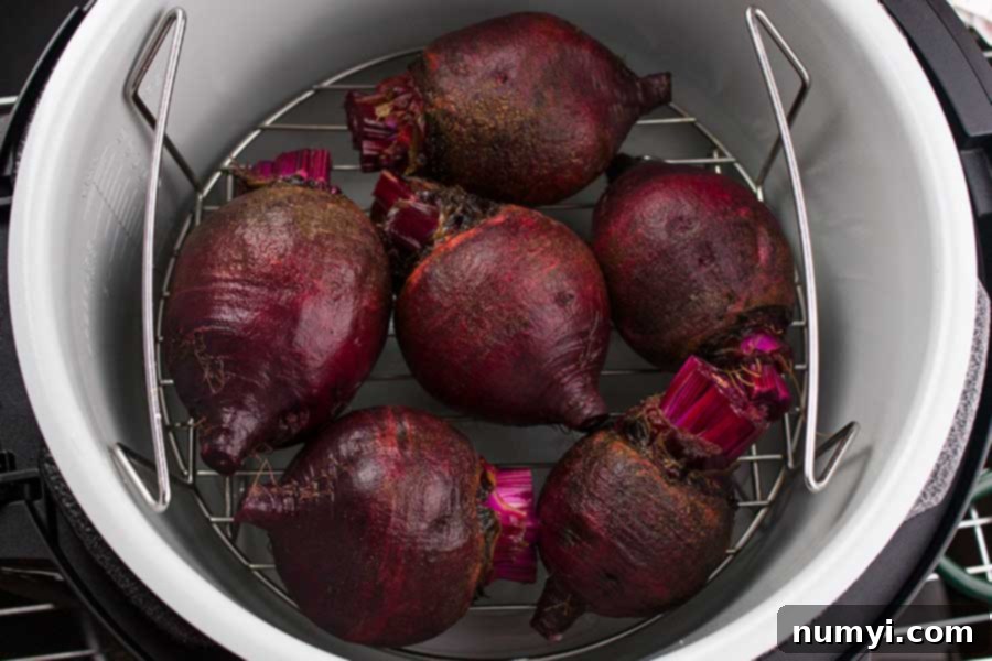 Cleaned, raw beets with greens removed, arranged on a metal rack inside the pot of a Ninja Foodi multi-cooker, ready for pressure cooking.