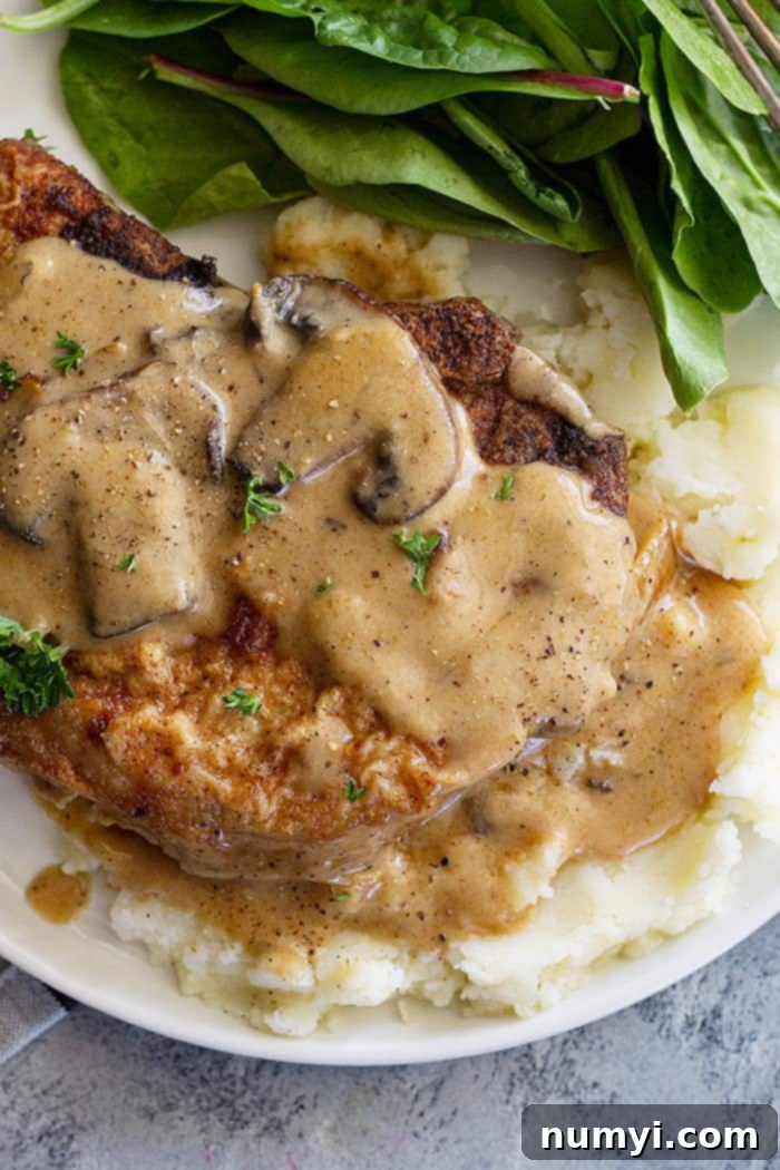 A pork chop plated on top of mashed potatoes and topped with a creamy mushroom sauce. 