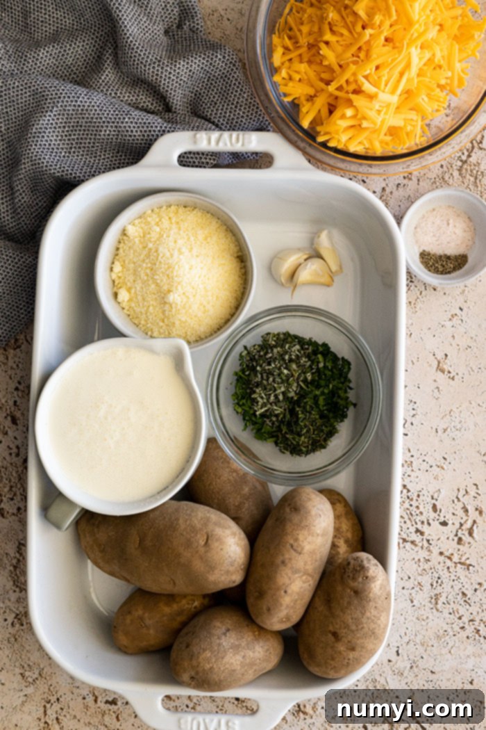 A selection of fresh ingredients laid out, including russet potatoes, various cheeses, fresh herbs like parsley, rosemary, and thyme, and garlic cloves, ready for making potatoes au gratin.