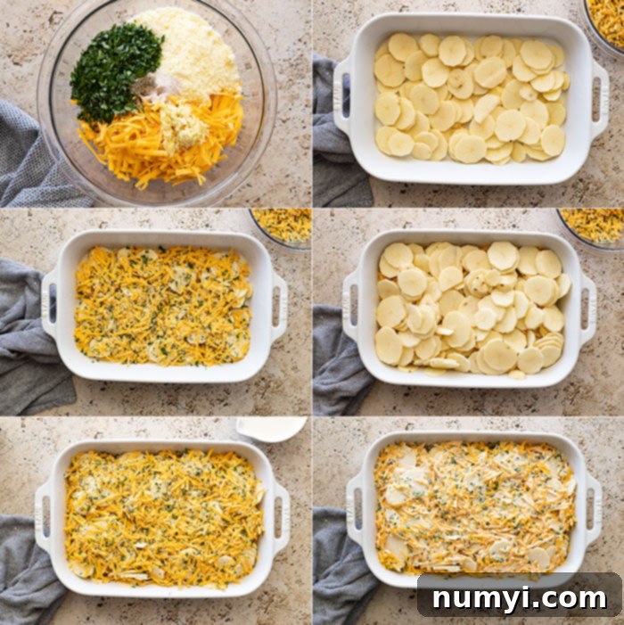 A sequence of six photos illustrating the step-by-step preparation of garlic herb potatoes au gratin, from slicing potatoes to layering and baking.
