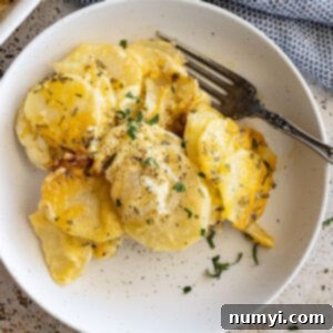 Overhead view of garlic herb potatoes au gratin on a plate, garnished with fresh parsley and black pepper.