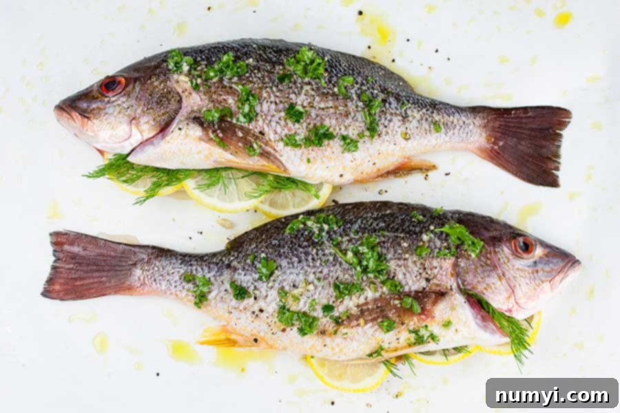 two whole red snappers prepped with herbs and seasonings on a parchment paper lined baking sheet
