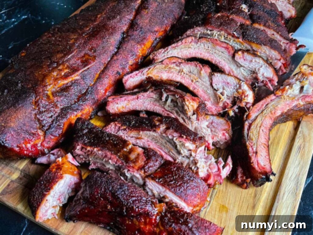 The Ultimate Smoked Baby Back Ribs 3 Memphis style baby back ribs cut out and laying on a wooden cutting board.