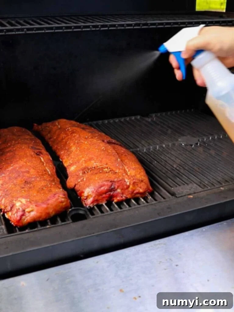 The Ultimate Smoked Baby Back Ribs 9 Spritzing the ribs with an apple cider vinegar and water mixture.