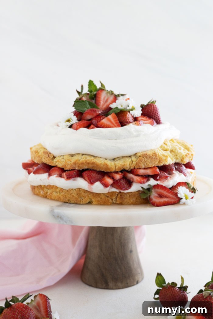Straight on shot of a beautifully layered strawberry shortcake cake on a cake stand, garnished with fresh mint leaves and strawberry halves, ready to be served.
