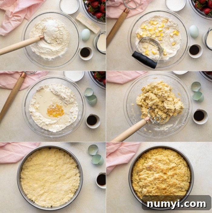 A step-by-step visual guide showing six sequential images of how to prepare the biscuit cake for the strawberry shortcake, from mixing ingredients to pressing into a pan.