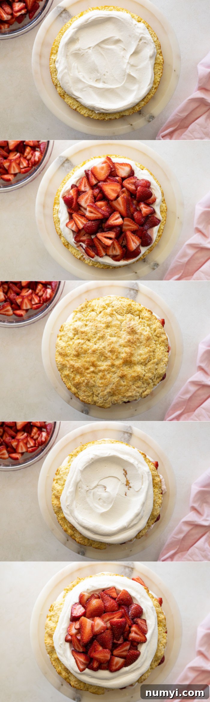A sequence of five images illustrating the step-by-step assembly of the strawberry shortcake cake, from slicing the biscuit cake to layering with whipped cream and strawberries, to the final garnish.