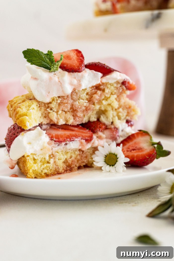 A close-up shot of a single slice of strawberry shortcake cake on a white plate, garnished with fresh mint and small white edible flowers, highlighting the layers of biscuit, strawberries, and whipped cream.