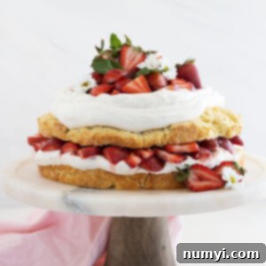 Straight on shot of strawberry shortcake cake on a cake stand and garnished with mint and strawberries cut in half.