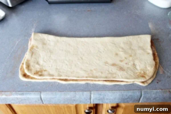 Folded dough with cinnamon sugar filling prepared for cutting into twists