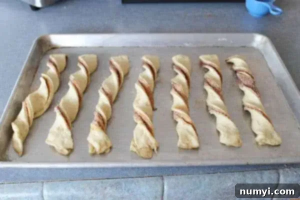 Cinnamon twists arranged on a baking sheet, ready for the oven