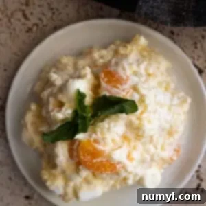 Golden Ambrosia Salad 7 Overhead view of frog eye salad on a white plate garnished with fresh mint.