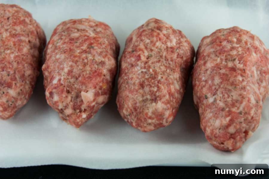 Ultimate Smoked Keto Armadillo Eggs 5 Raw, formed armadillo eggs, ready to be placed on the grill for smoking.