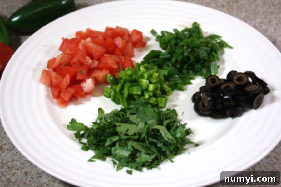 Diced tomatoes, jalapenos, green onions, black olives, and cilantro neatly arranged on a plate.