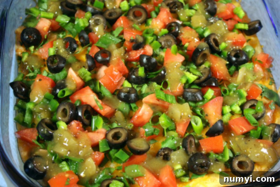 Layered Black Bean Taco Dip generously topped with fresh vegetables and cilantro.