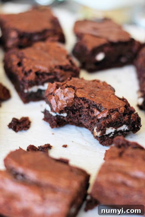Creamy Peppermint Fudge Brownies 3 Close-up of a peppermint patty brownie square with a bite taken out, revealing the creamy mint layer inside, demonstrating its fudgy texture.