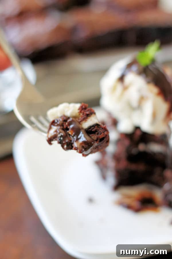 Creamy Peppermint Fudge Brownies 4 A delectable forkful of a peppermint brownie, paired with melting vanilla ice cream and glistening hot fudge sauce.