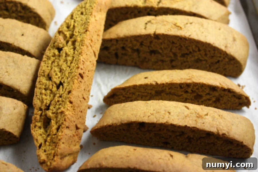 baked pumpkin spice biscotti on a baking sheet