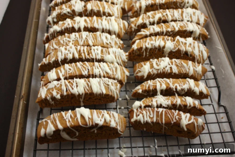 Pumpkin Spice Latte Biscotti on a wire rack in a baking pan