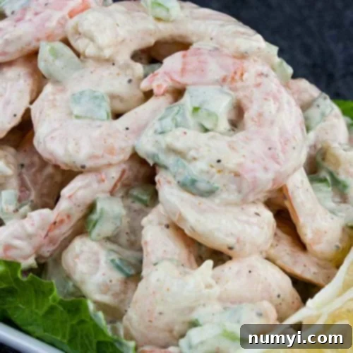 Easy Shrimp Salad 6 Shrimp Salad over lettuce leaves in a white bowl.